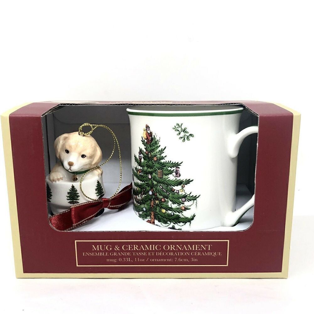 NEW Spode Christmas Tree Holiday Mug and Ceramic Puppy in Boot Ornament Set